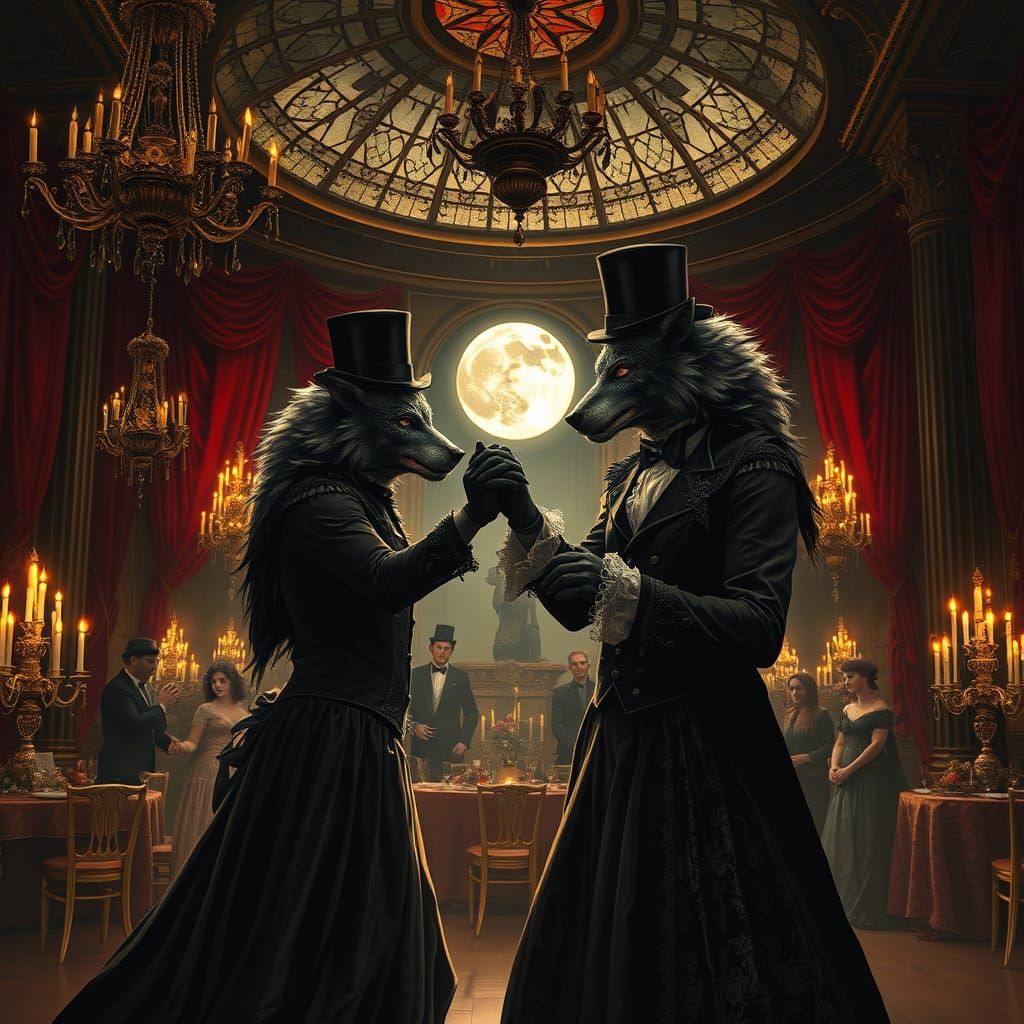 goth werewolves dancing at a fancy ball.