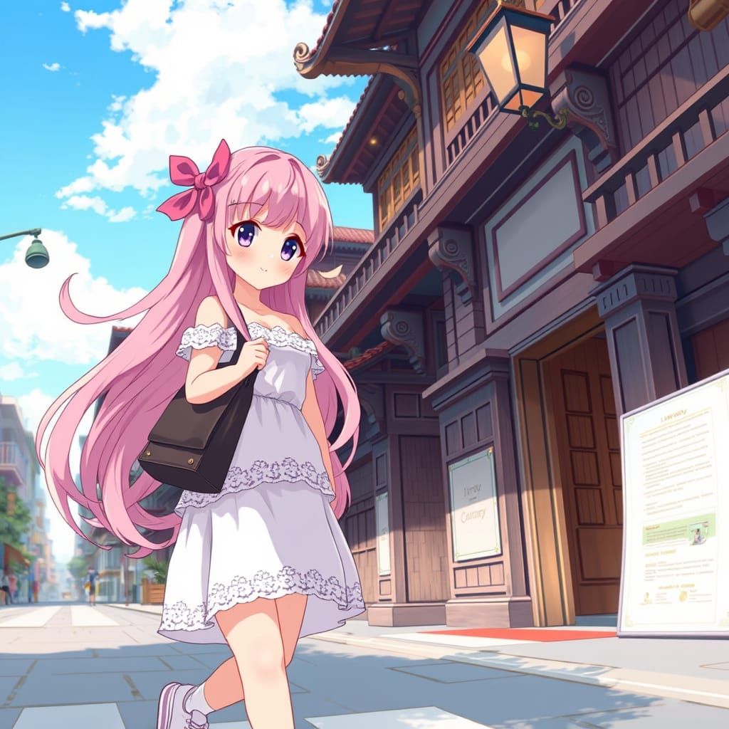 Anime Girl Walking to Library in Bustling City