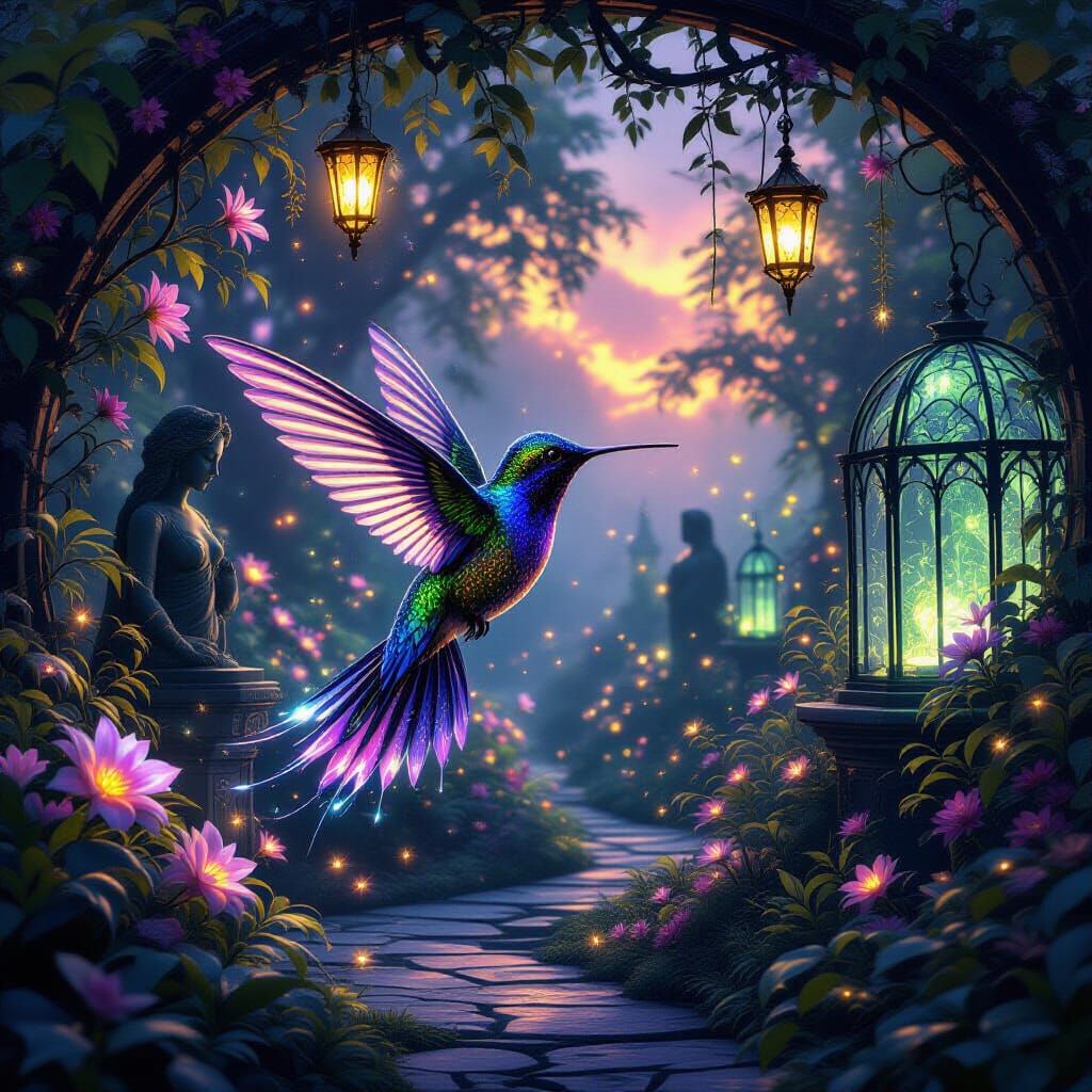 Bioluminescent Hummingbird in Mystical Twilight Garden