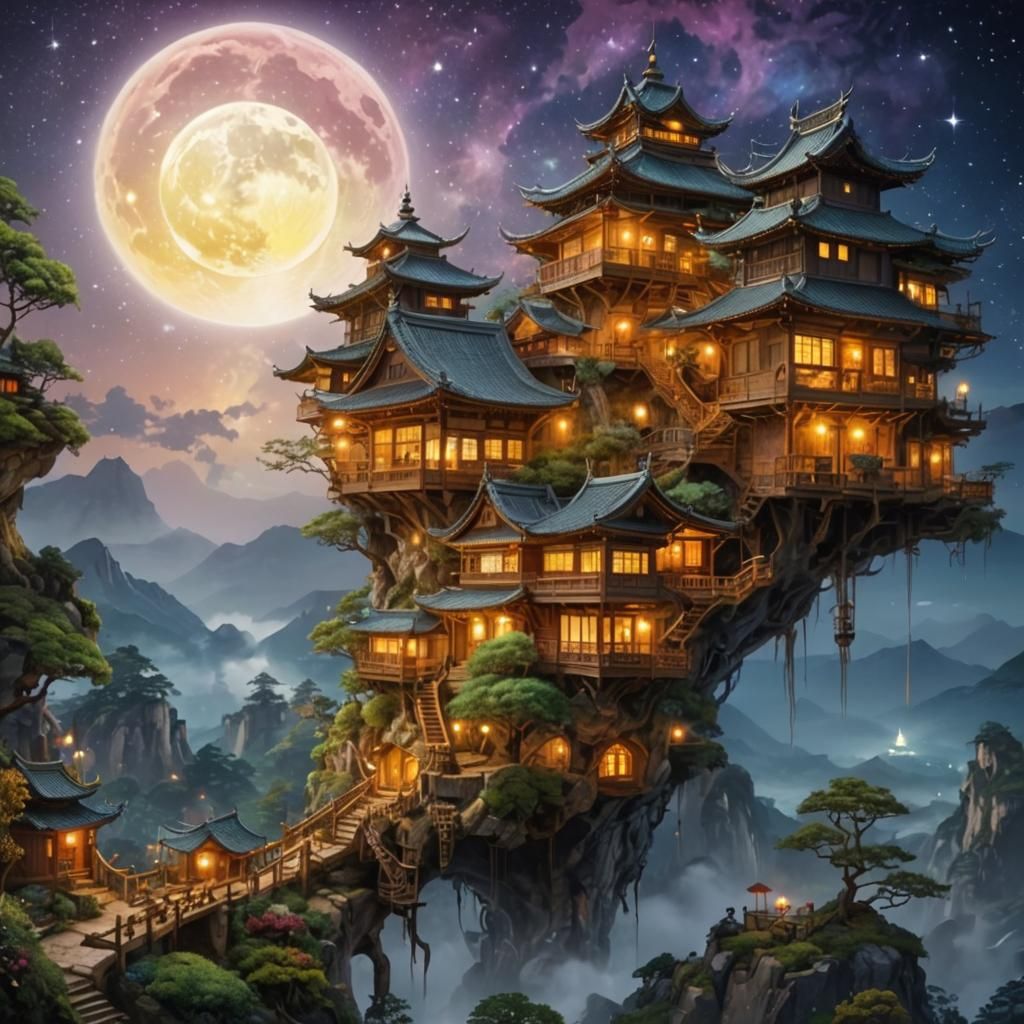 Clockpunk Bonsai Village with Double Moons