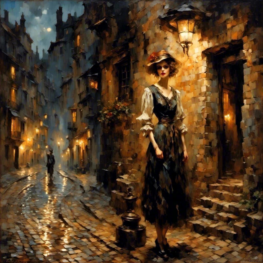 Young Woman Under Gaslight: An Impasto Painting