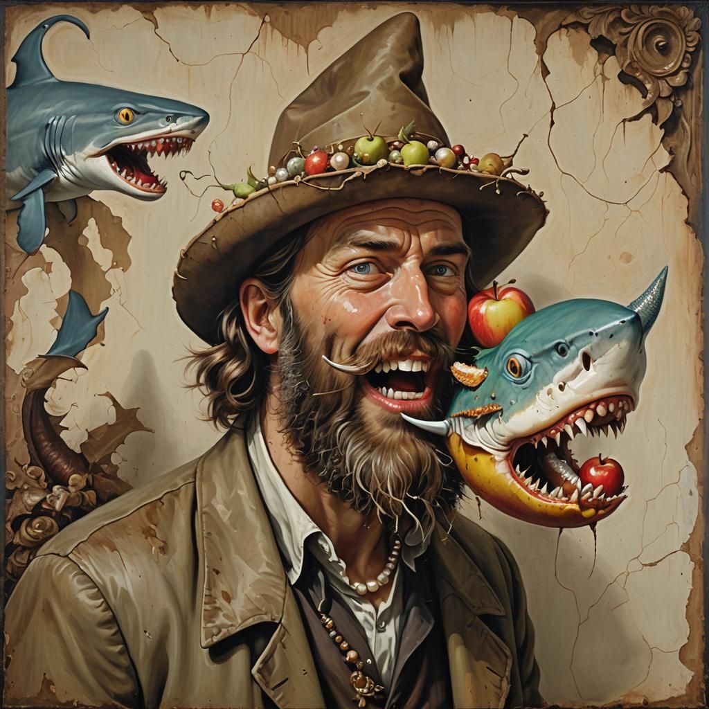 Surreal Bearded Man Eating Apple Painting