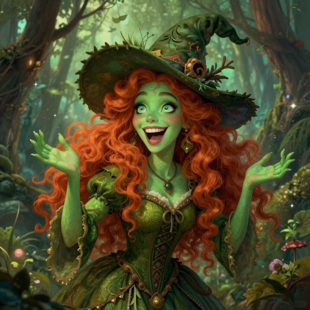 Enchanting Green Witch Laughing in Forest Style