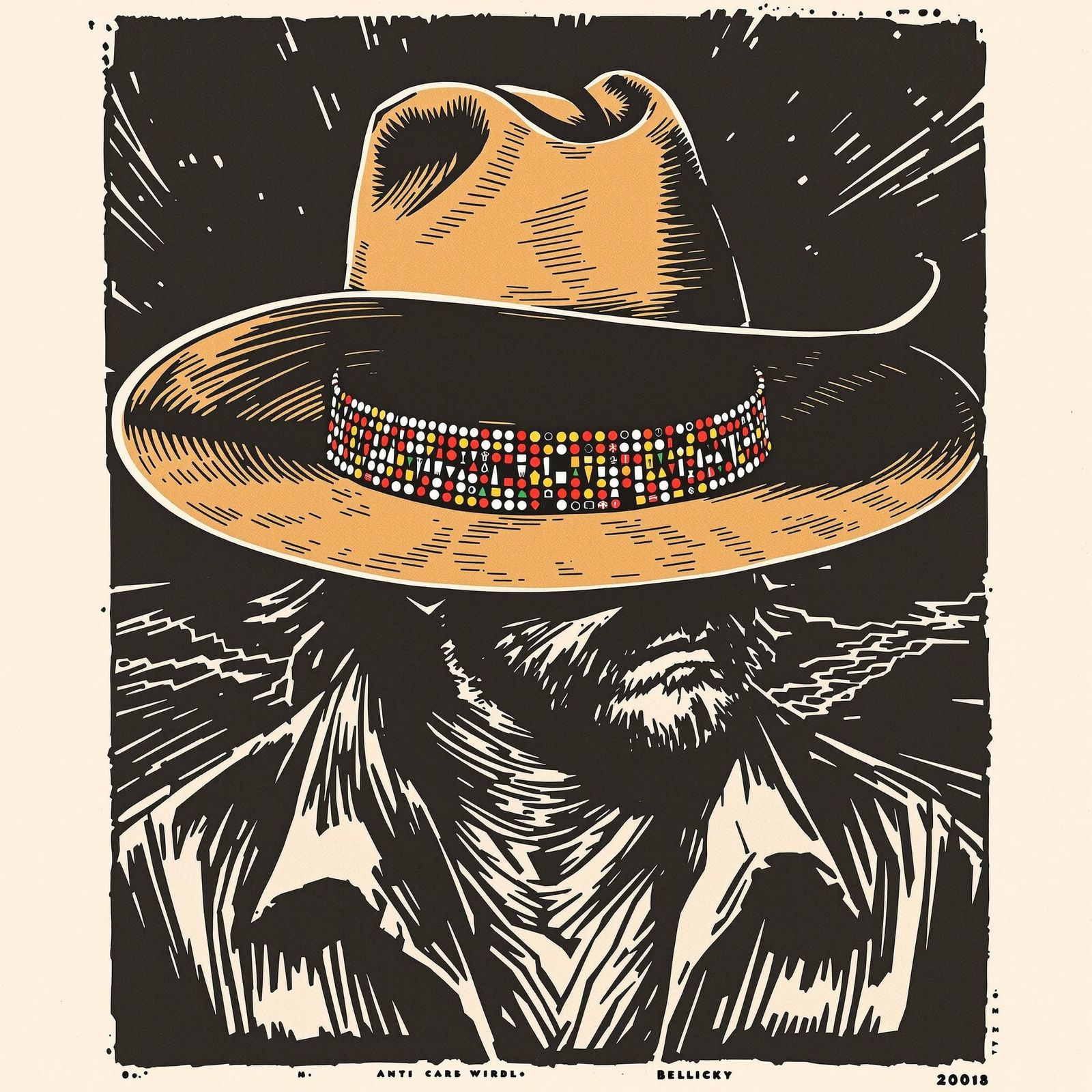 Billie Jack's Beaded Cowboy Hat in Woodcut Style