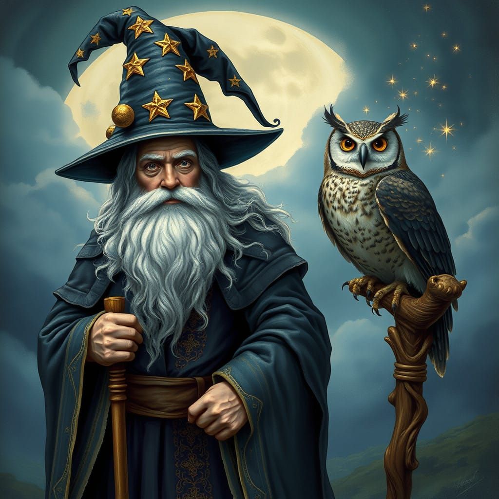 Mystical Wizard and Owl in Starry Pointed Hats