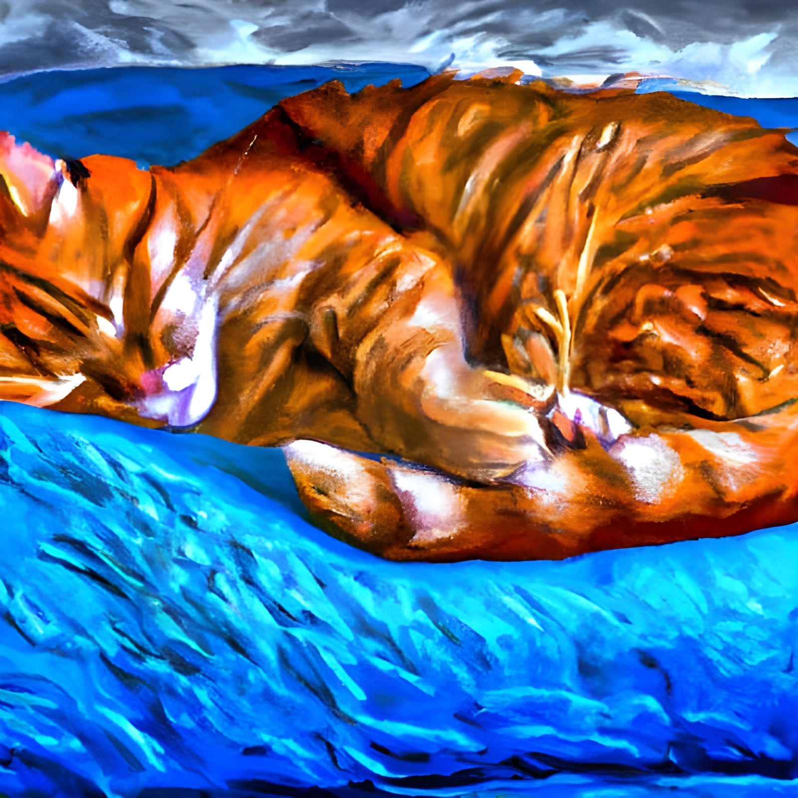 Orange Cat Napping on Blue Pillow: Digital Art
