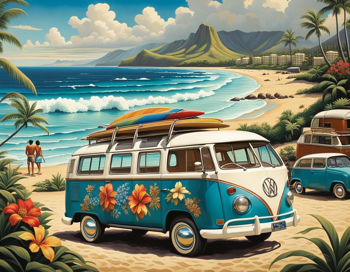 Vintage Hawaiian Surf Scene in Heathcote Style