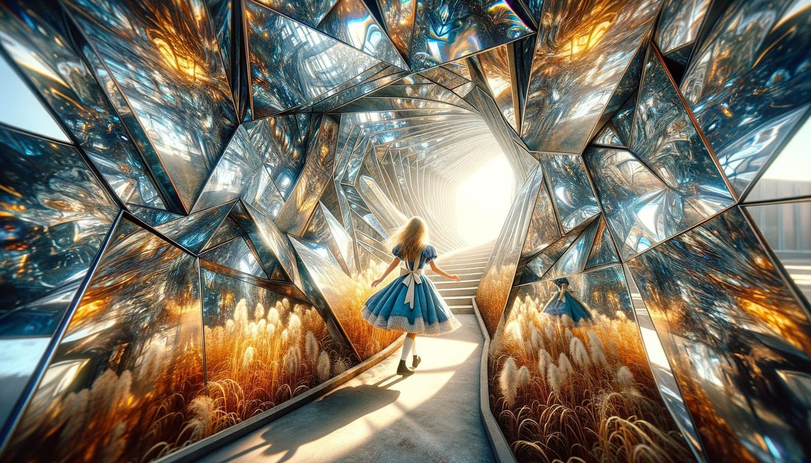 Alice's Iridescent Mirror Shard Tunnel: A Surreal Journey