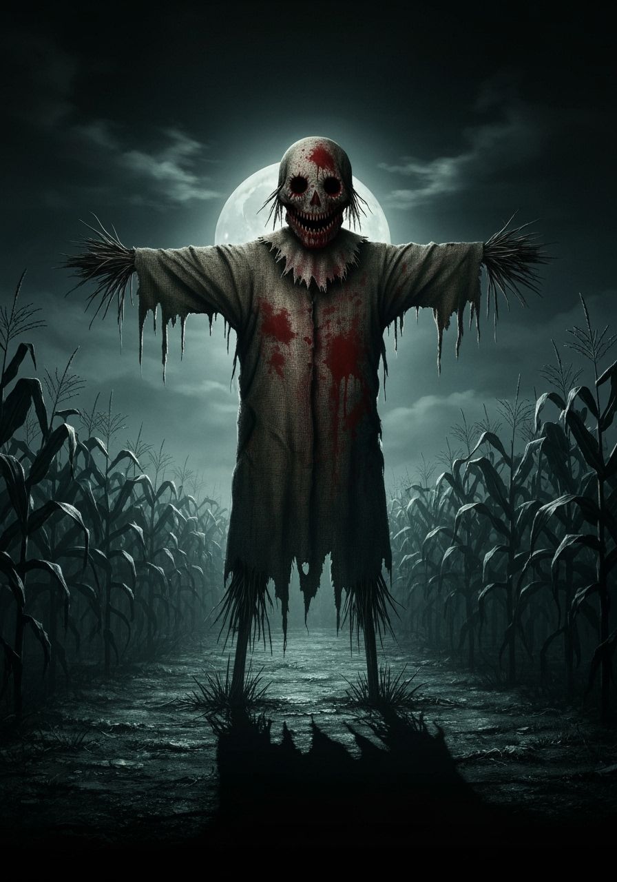Terrifying Bloody Scarecrow in Desolate Cornfield