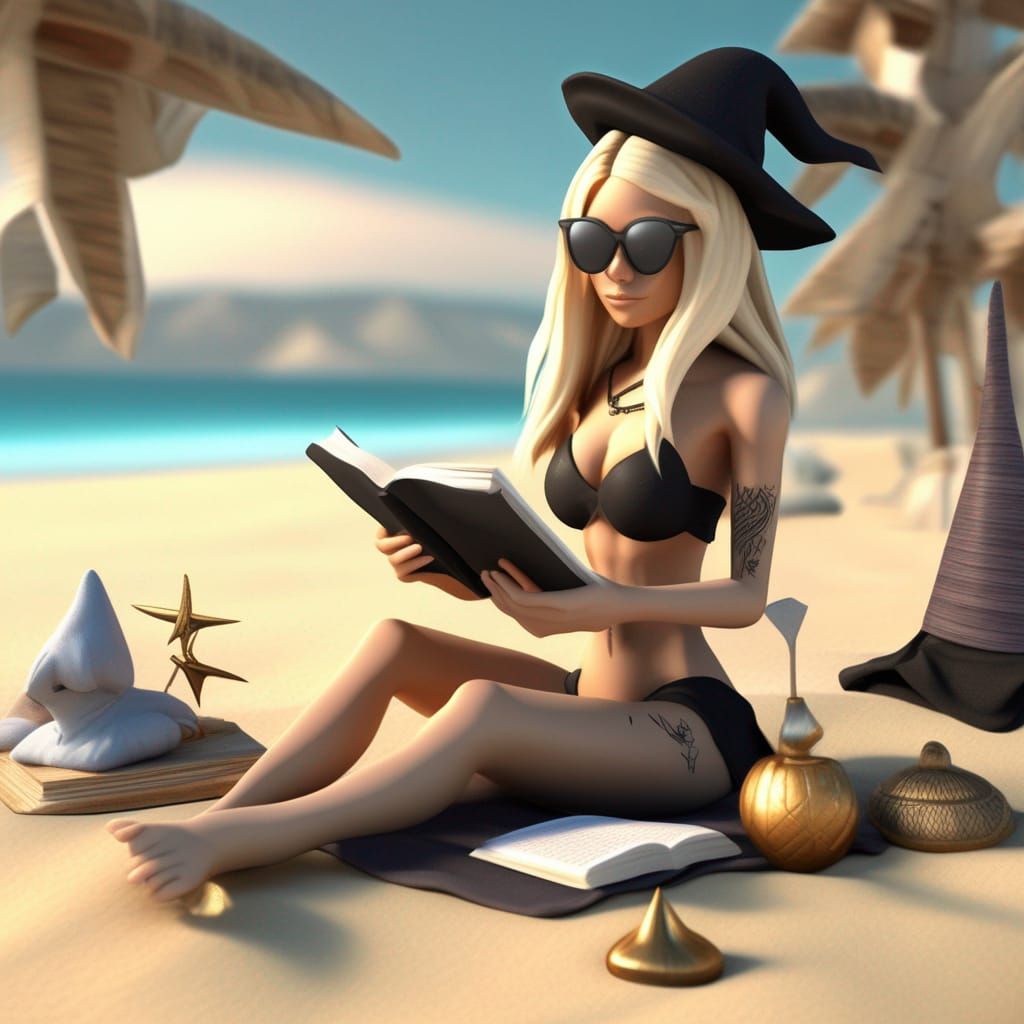 Young Witch Sunbathing on Beach in 3D Style
