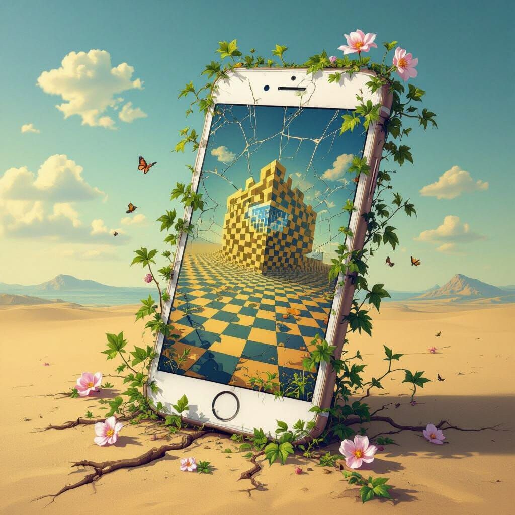 Surreal Cracked Phone with Vines in Dreamlike Style