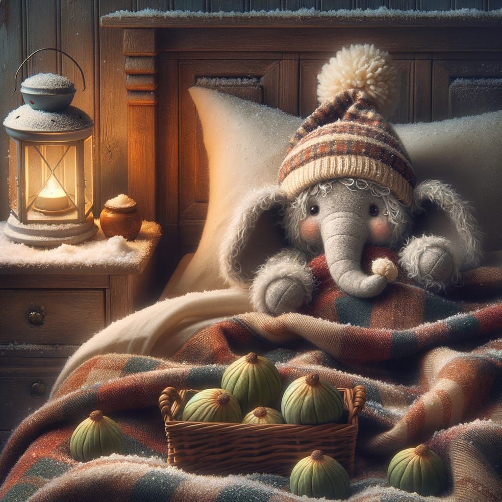 Cozy Elephant Tucked In Bed on Snowy Night