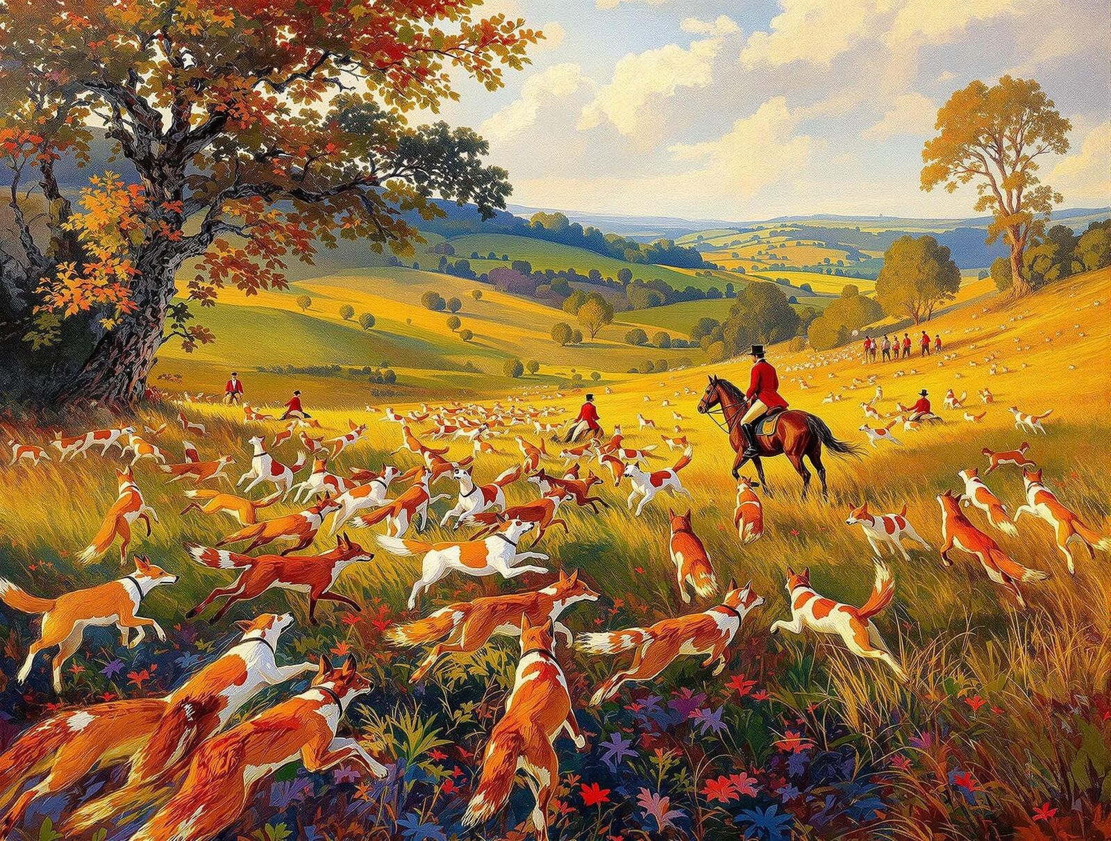 Impressive 19th-Century Fox Hunt Scene in Earthy Tones