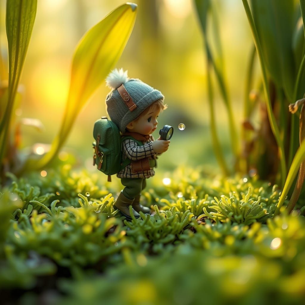 Whimsical Explorer in a Mossy Garden