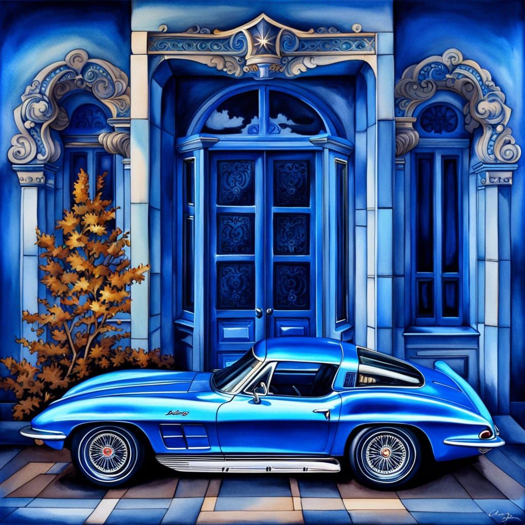 Blue House and Car in Watercolor Style