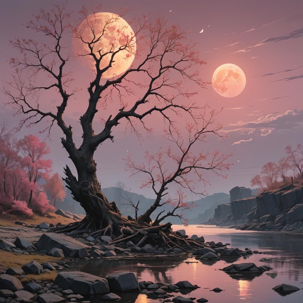 Golden Phoenix Rising Under Pink Moon