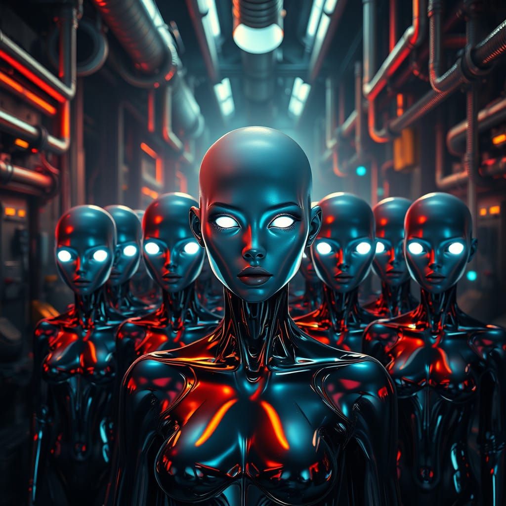 Chrome Goddess Amidst Dystopian Factory