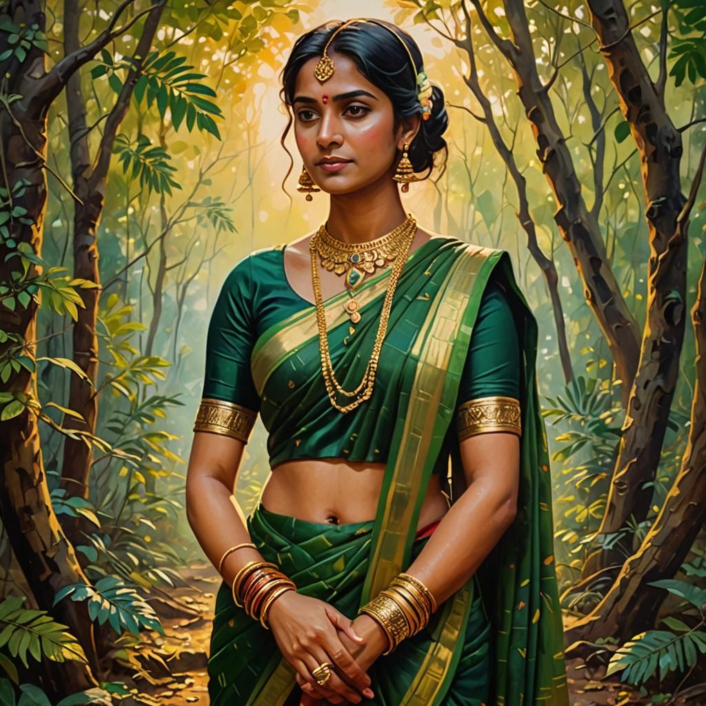 Girl in Saree in Forest: Inspired by Raja Ravi Varma