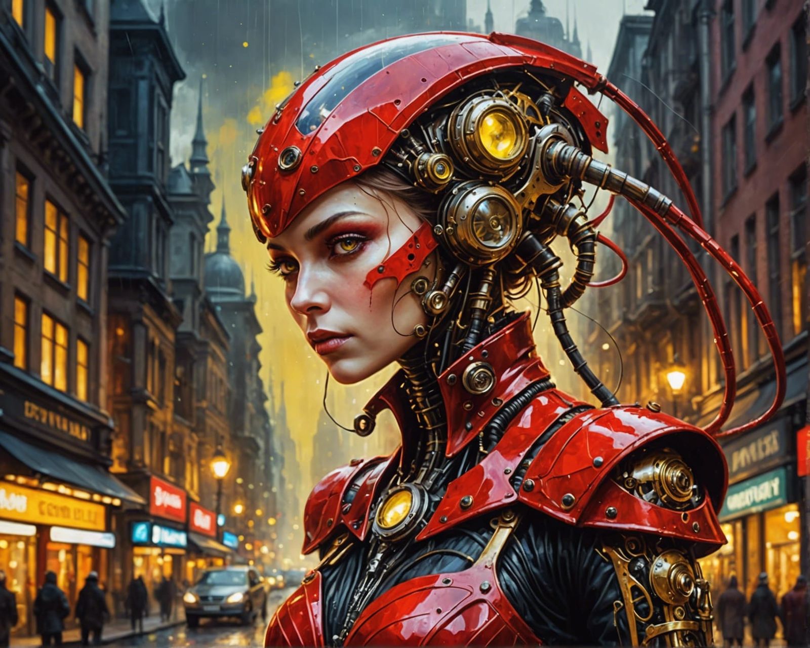 Steampunk Alien in Night City, Oil on Canvas