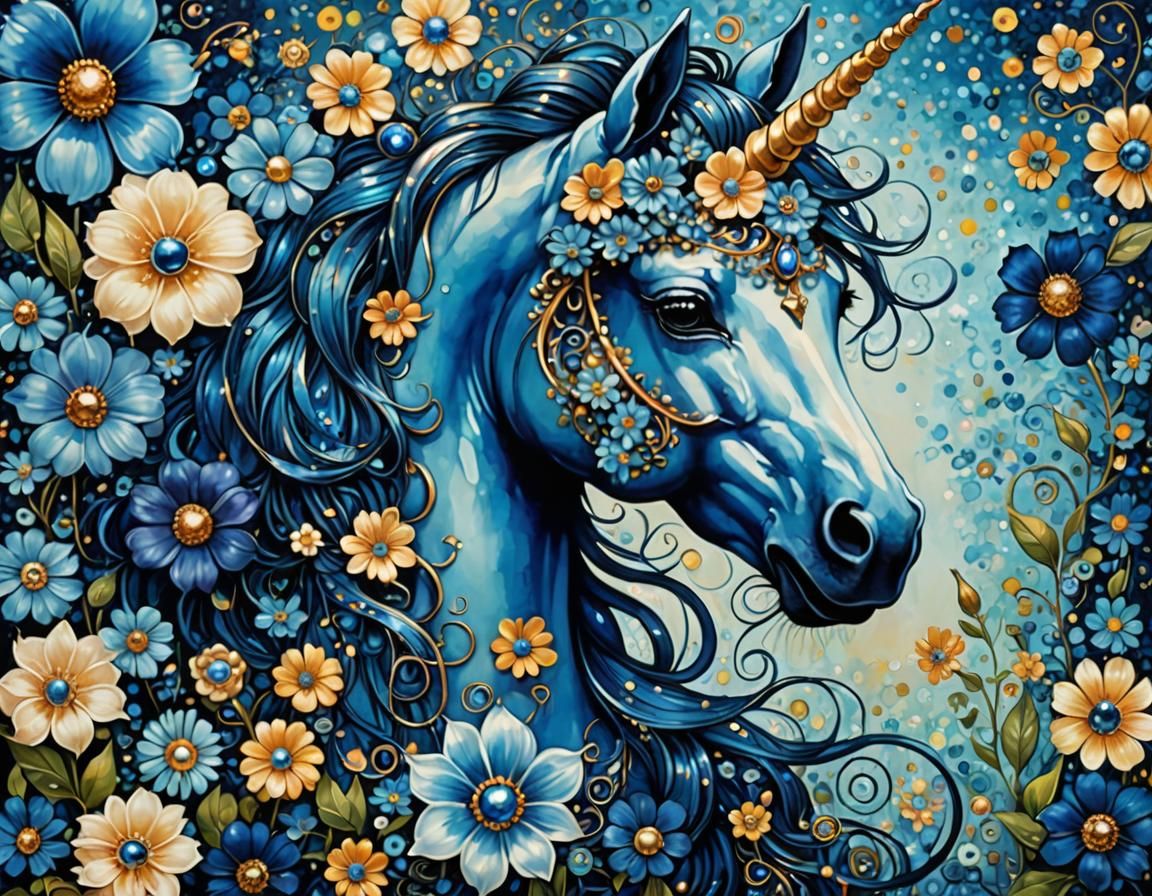 Blue Floral Unicorn in Klimt-Inspired Digital Art