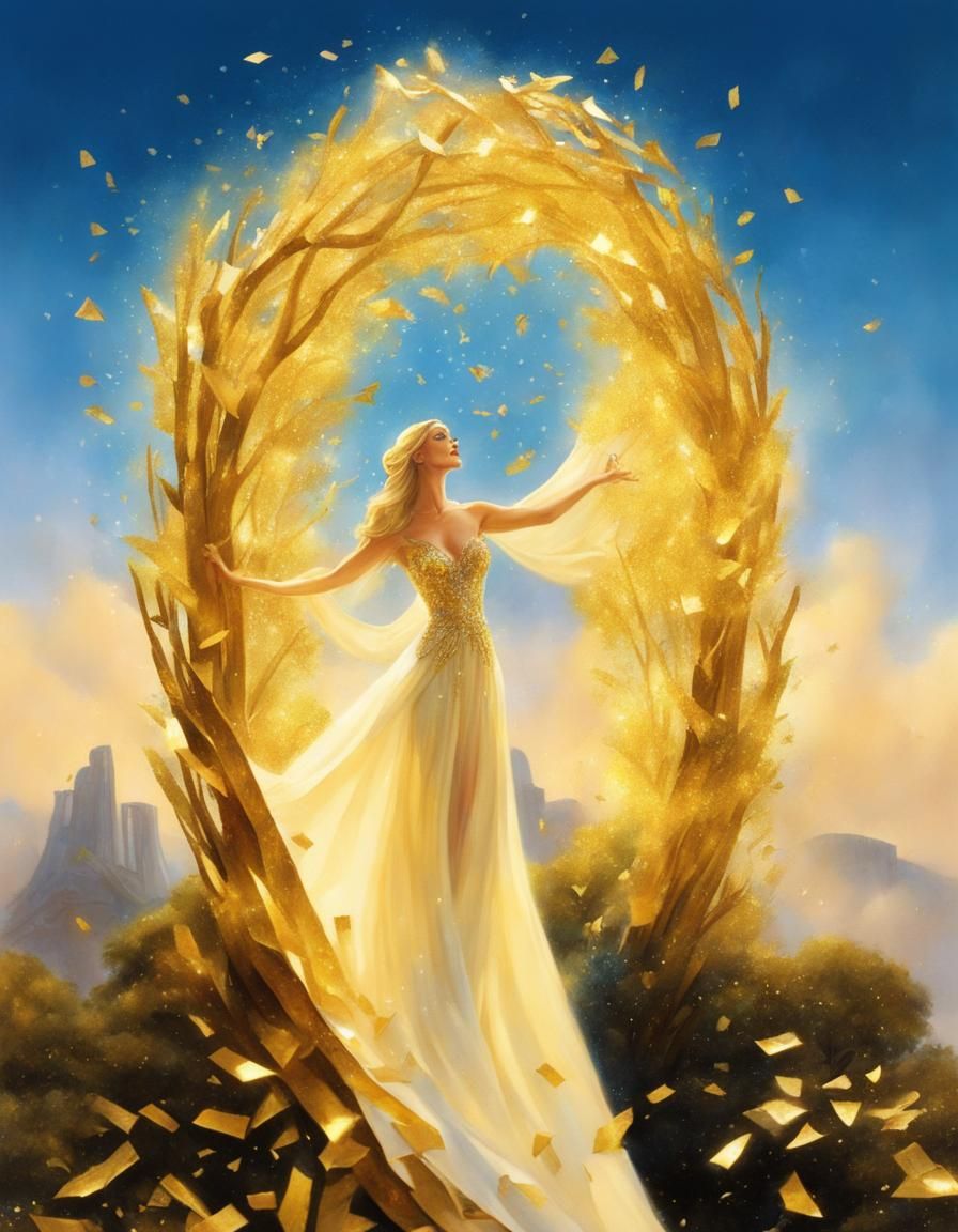 Fairytale Goldmarie and Pechmarie. Goldmarie goes through a golden gate.   /2