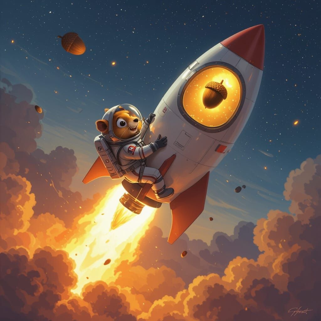 Scrat in Spacesuit Launching on Rocket