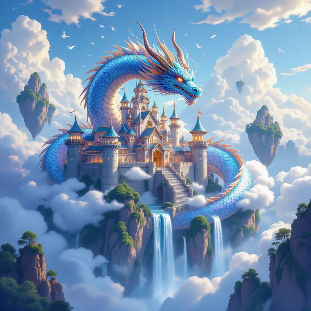 Crystal Dragon Guarding Cloud Castle: Fantasy Art