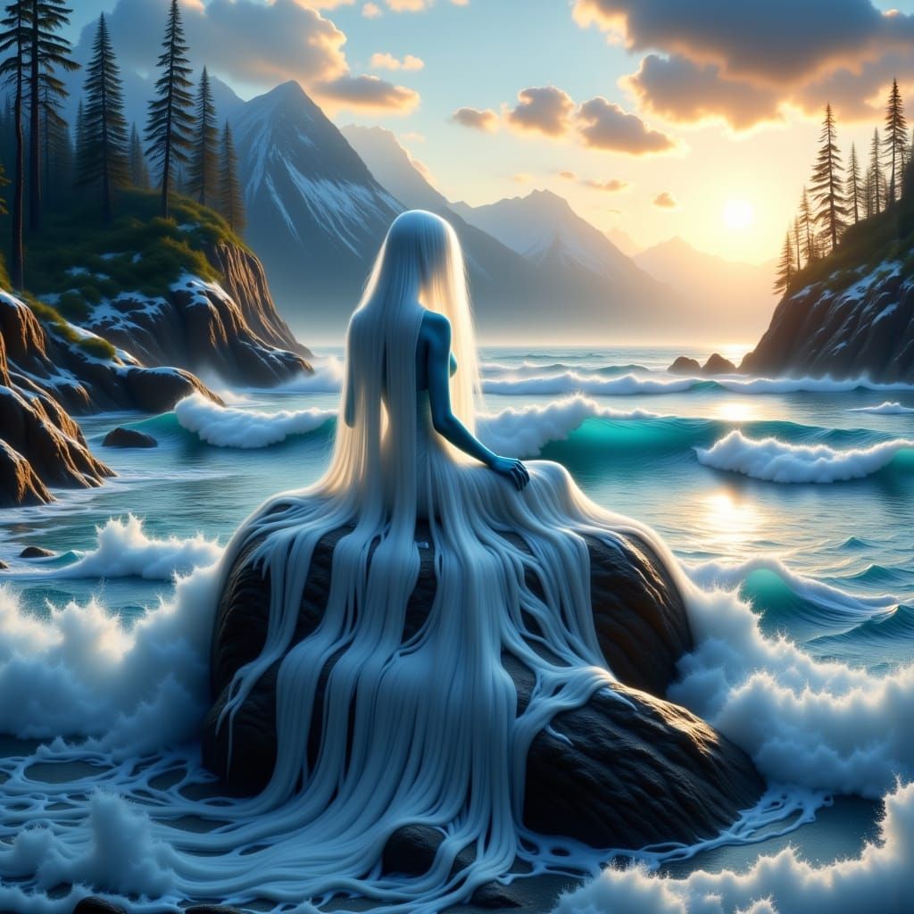Hyperrealistic Oceanic Goddess Amidst Nordic Landscape