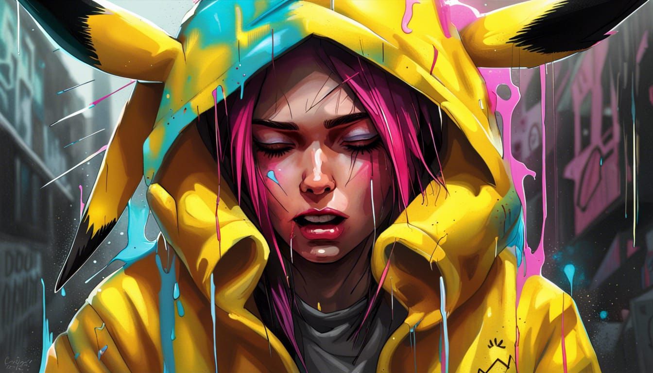 Crying Girl in Pikachu Hoodie, Cyberpunk Graffiti Art