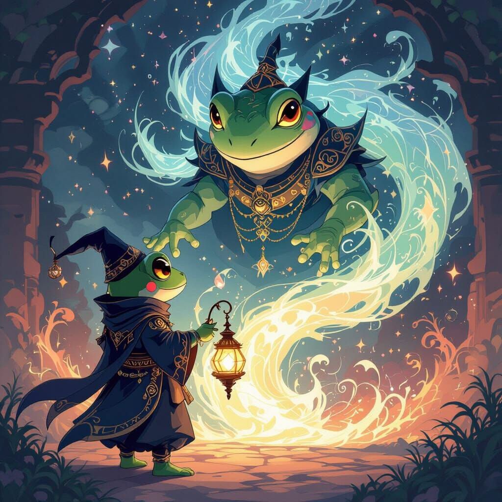 Anime Frog Warlock with Genie Lamp, Amano Style