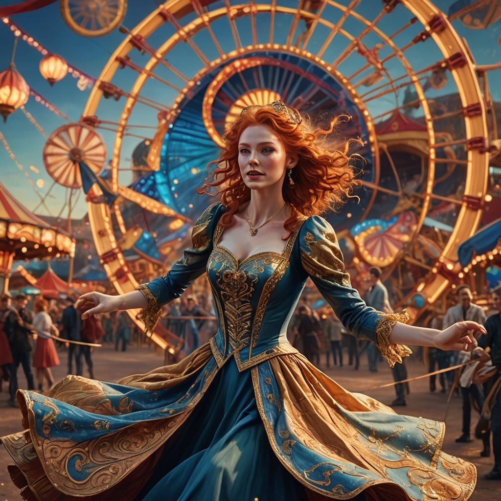 Redhead's Fairground Waltz: Fantasy Art in Golden Light