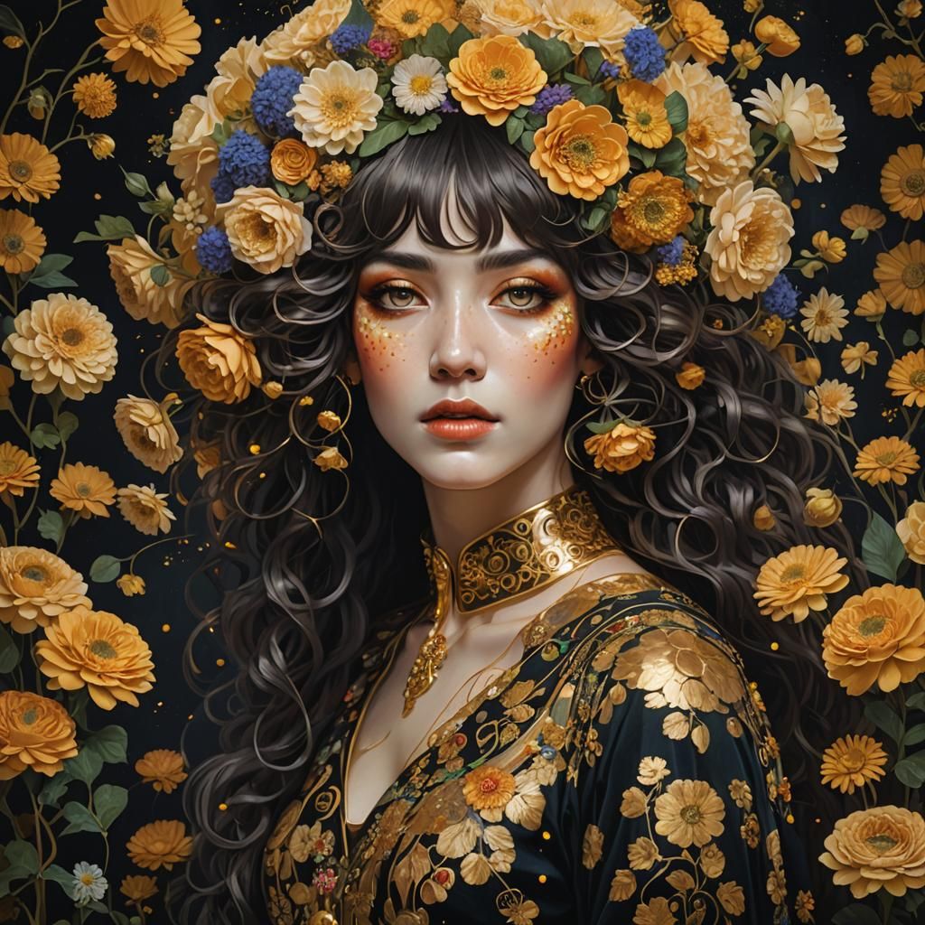 Goddess with Flowers in Gustav Klimt Style