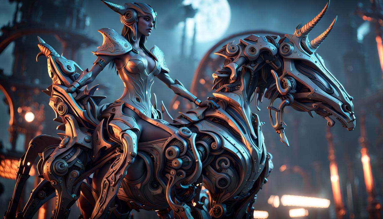 Warframe Sorceress Rides Mechanical Unicorn