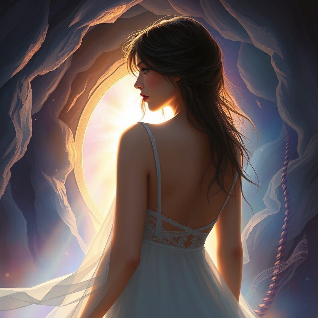 Woman Turns to Mystical Portal in Ethereal Digital Art