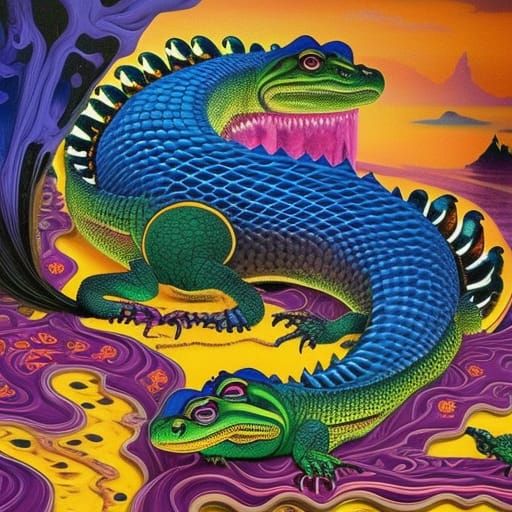 Acid Colored Alligator Cinderella Fantasy Horror Art