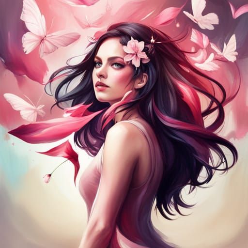 Cherry Blossom Woman: Digital Painting with Fantasy Touch