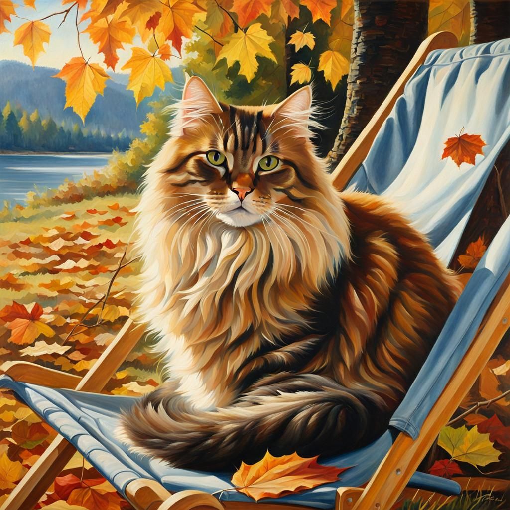 Long-Haired Cat in Camping Chair, 1970s Oil Painting