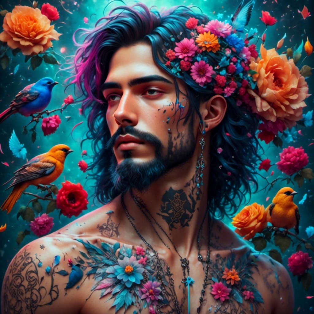Bearded Man with Tattoos, Flowers and Birds