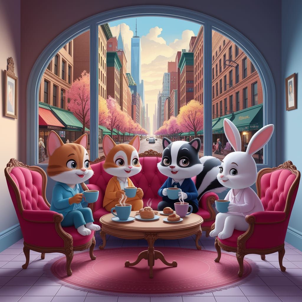 Charming Cartoon Animals in NYC Cafe, Pixar Style