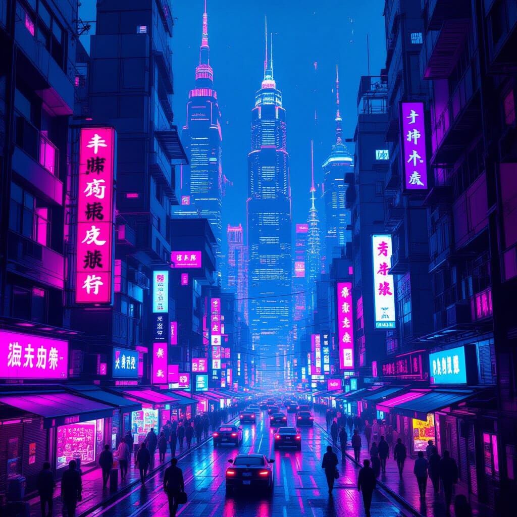 Cyberpunk Metropolis in Neon Pink and Blue