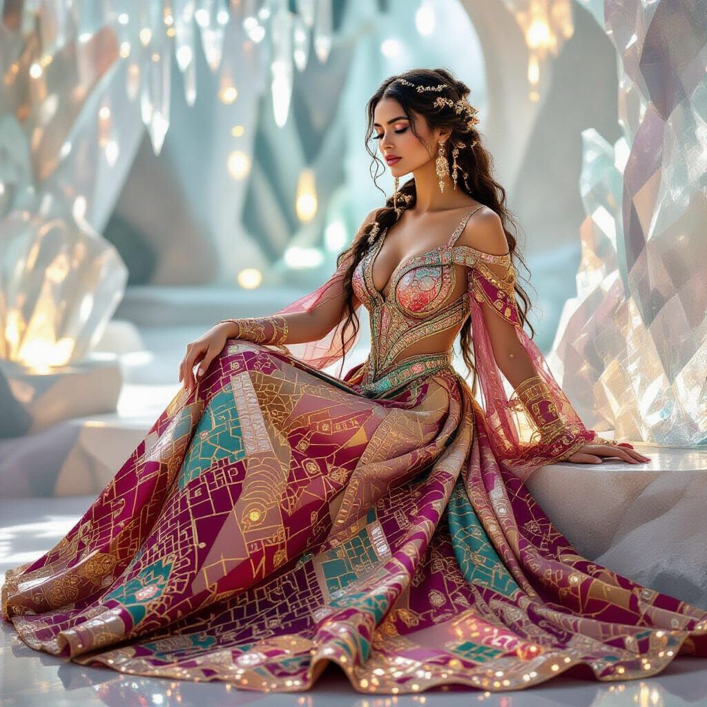 Elegant Woman in Futuristic Gown with Intricate Hairstyle