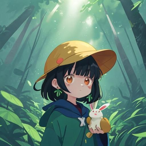 Anime Bunny Portrait with Mushroom Earrings