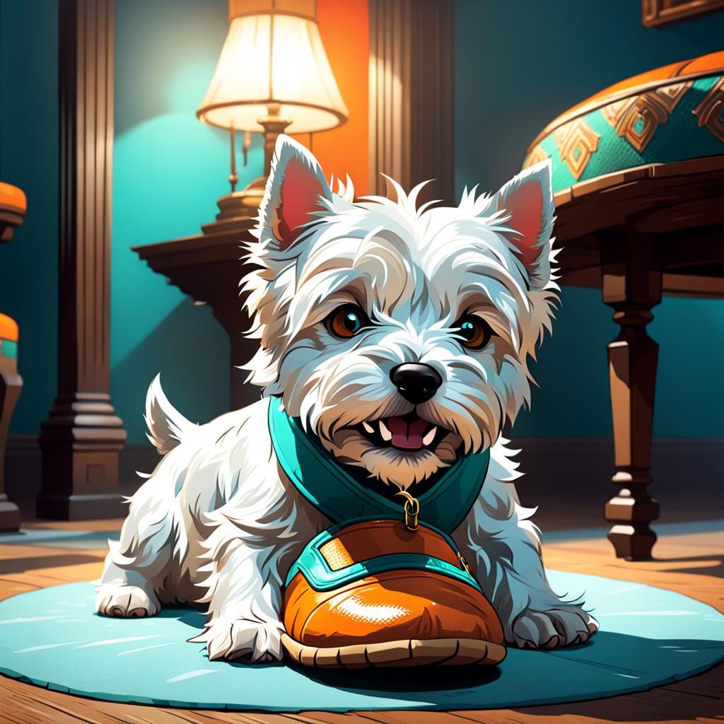 Westie Puppy Chewing Slipper, Detailed Concept Art