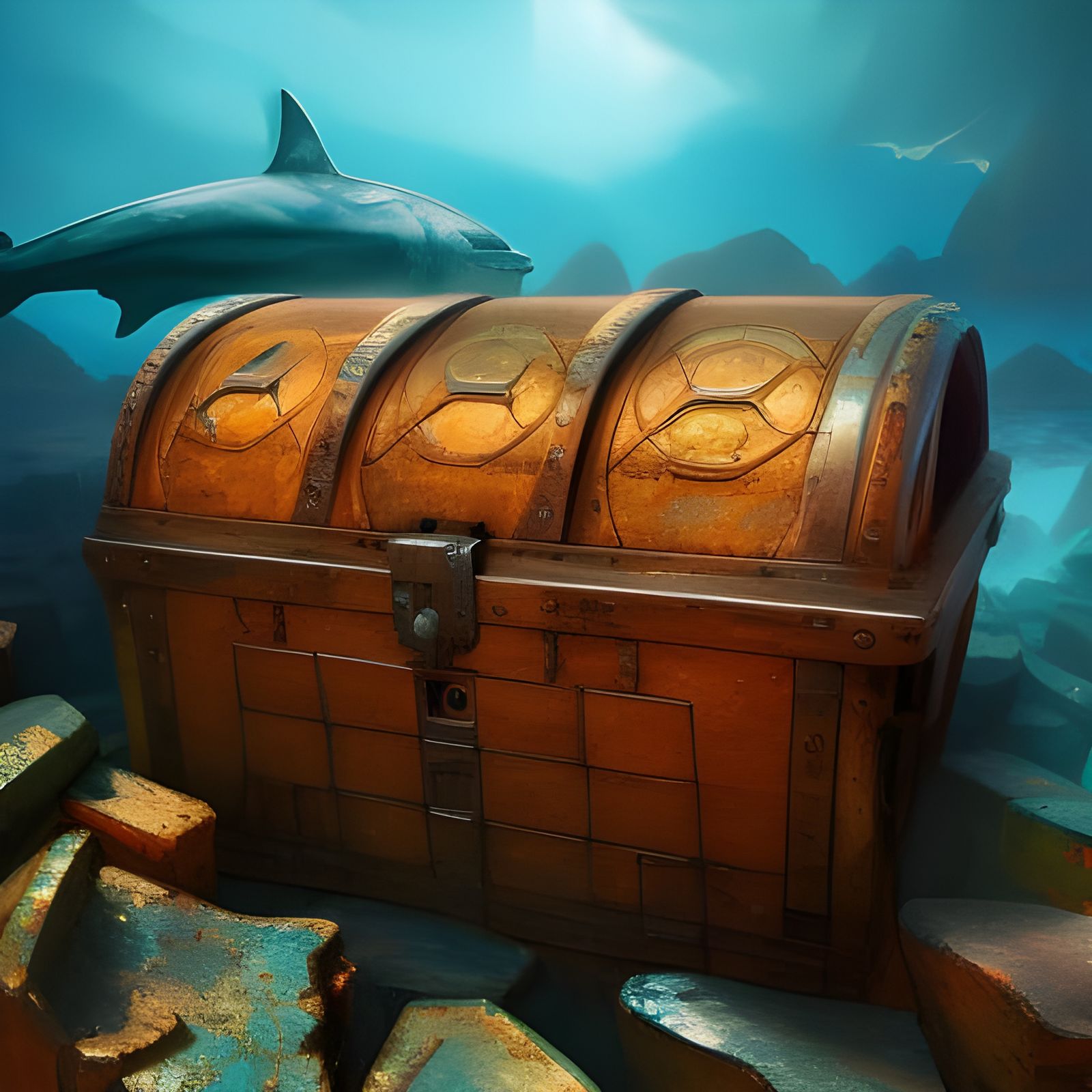 Underwater Shipwreck with Treasure Chest in Digital Art Styl...