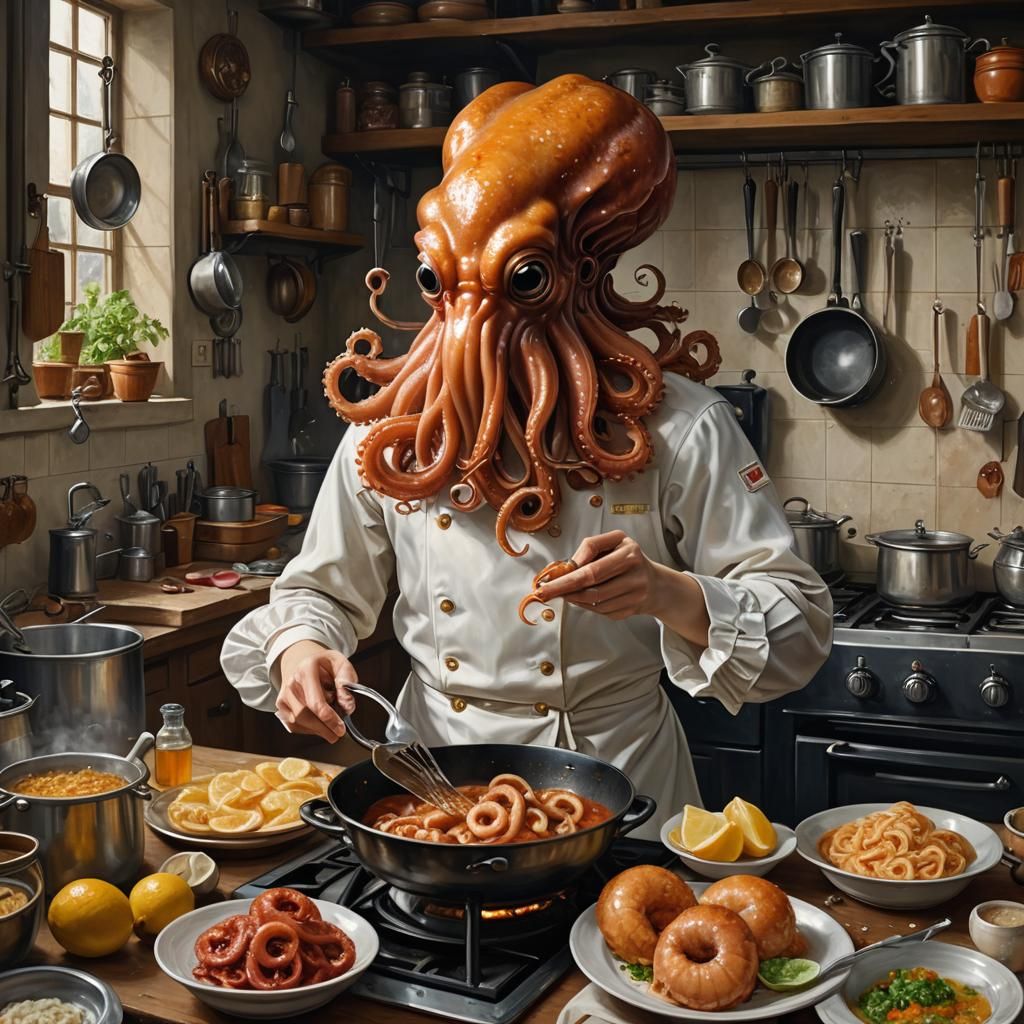 Octopus Chef Cooking: Impasto Oil Painting