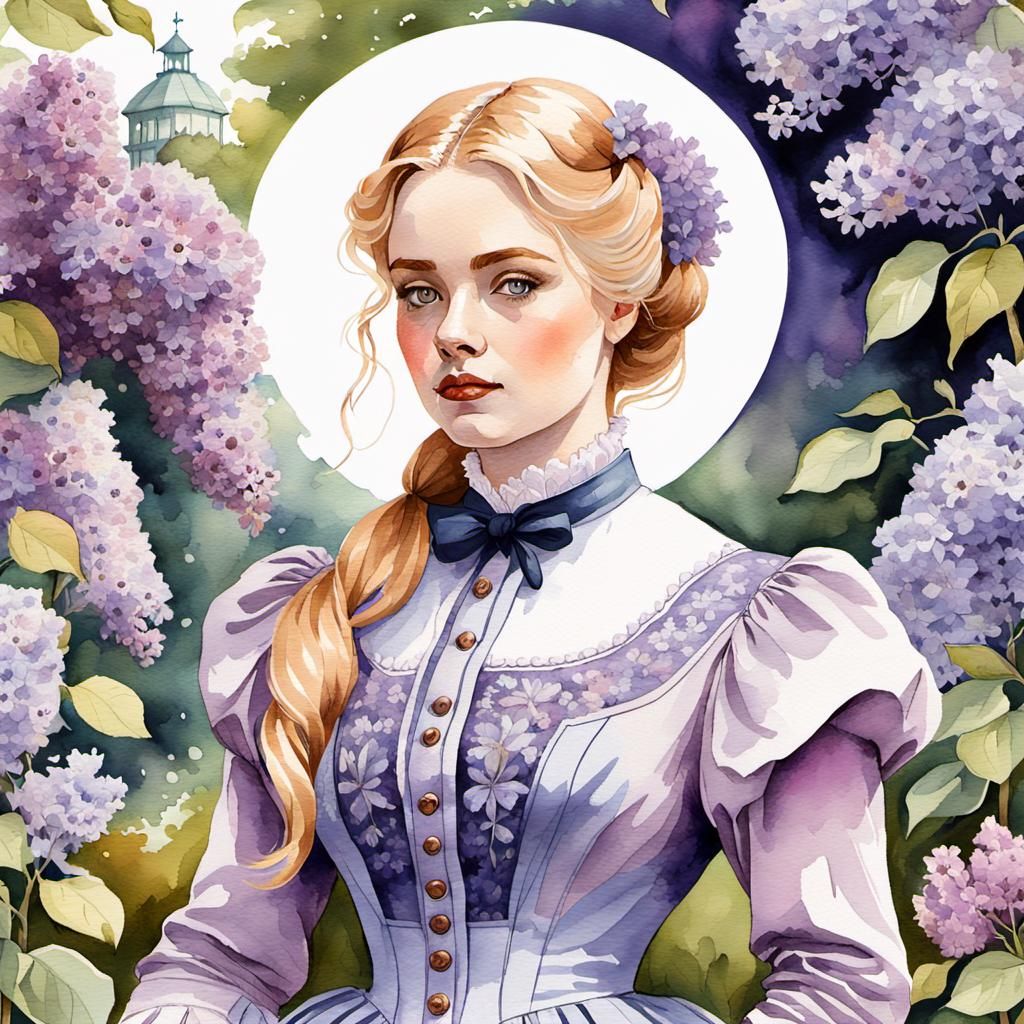Victorian Woman in Botanical Garden, Watercolor Style