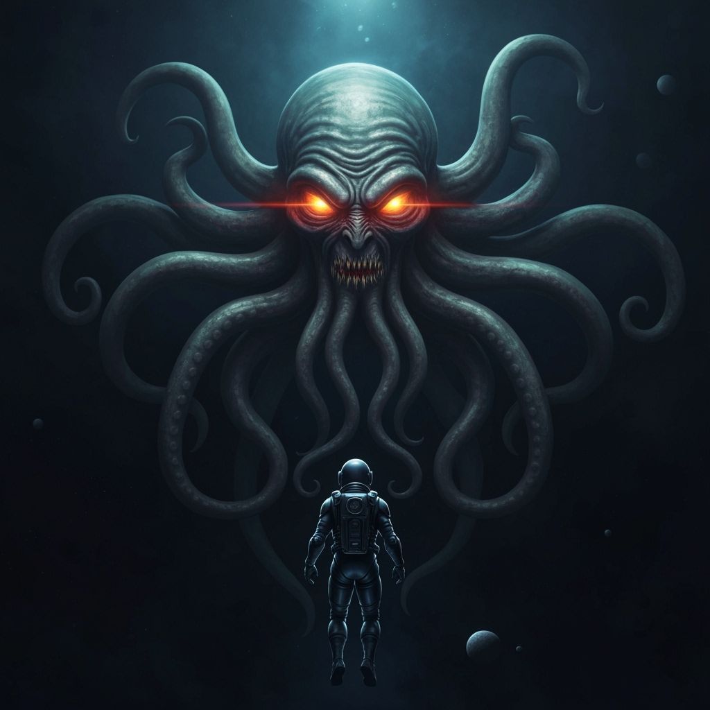 Astronaut and Tentacled God in Cosmic Horror Style