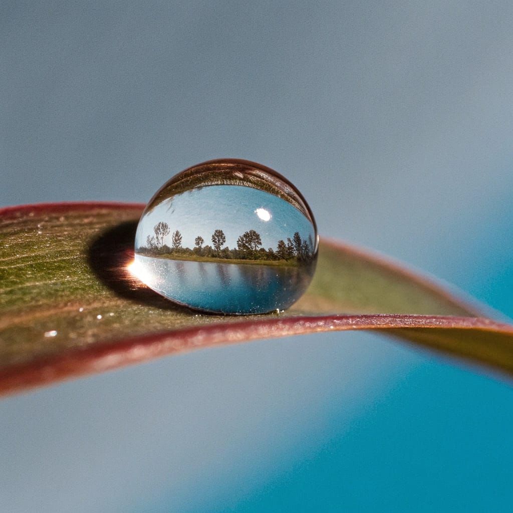 Dew Drop Reflecting a Miniature Landscape