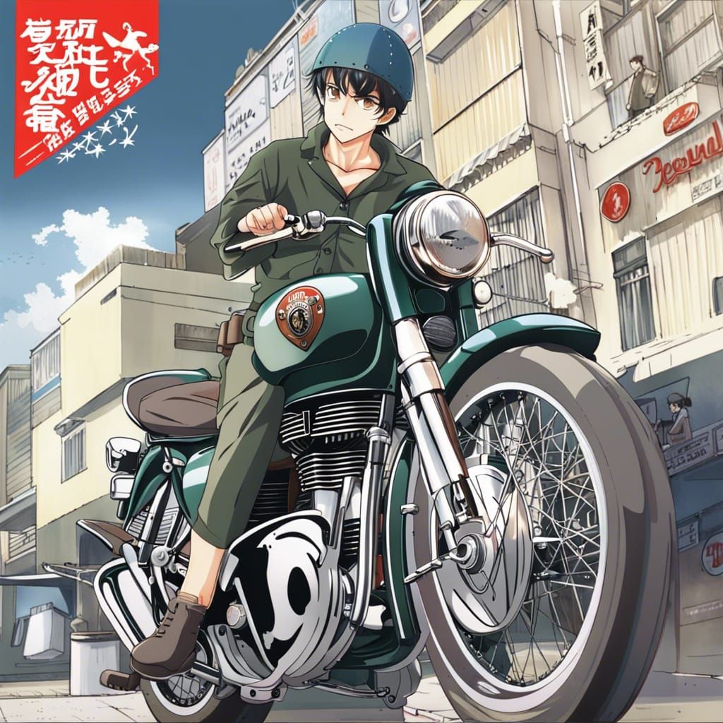 Anime Style Handsome Guy with Royal Enfield