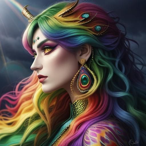 Woman with Rainbow Dragon Scales and Peacock Hair